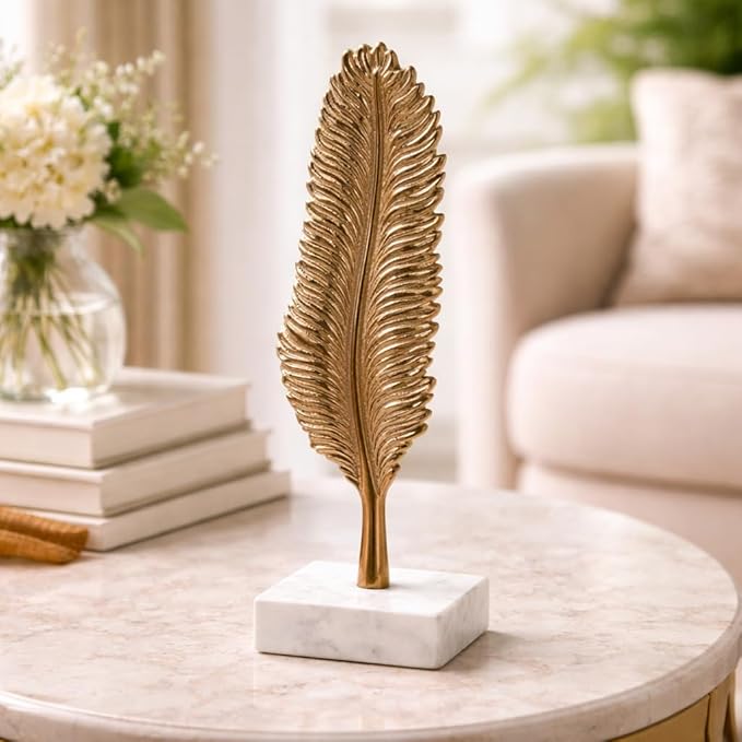 CraftVatika Metal Golden Leaf with Marble Base Decorative Showpiece for Living Room Home Decor Items,Aluminium Leaf Figurine for Table Top, Office Decor Housewarming for Man Woman