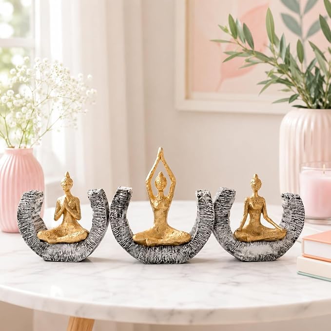 Amazon Basics Serene Yoga Meditating Figurine Set for Home & Office Décor | Modern Spiritual Sculpture Showpieces for Living Room, Meditation Corner & Shelf Styling (Gold & Grey, Set of 3)