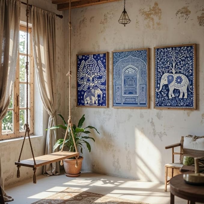 Livin’luxe Set of 3 Blue Indian Heritage Wall Art Premium MDF Wooden Color Framed HD UV Printed Elephant Tree Palace Painting for Living Room Home Decor 11 Inch x 14 Inch