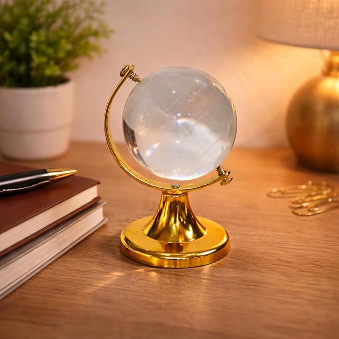 CraftVatika Feng Shui Crystal Globe with Golden Stand – Glass White Decorative Showpiece for Positive Chi Energy, Success, Good Luck & Prosperity | Vastu Remedy for Home, Children’s Study Table