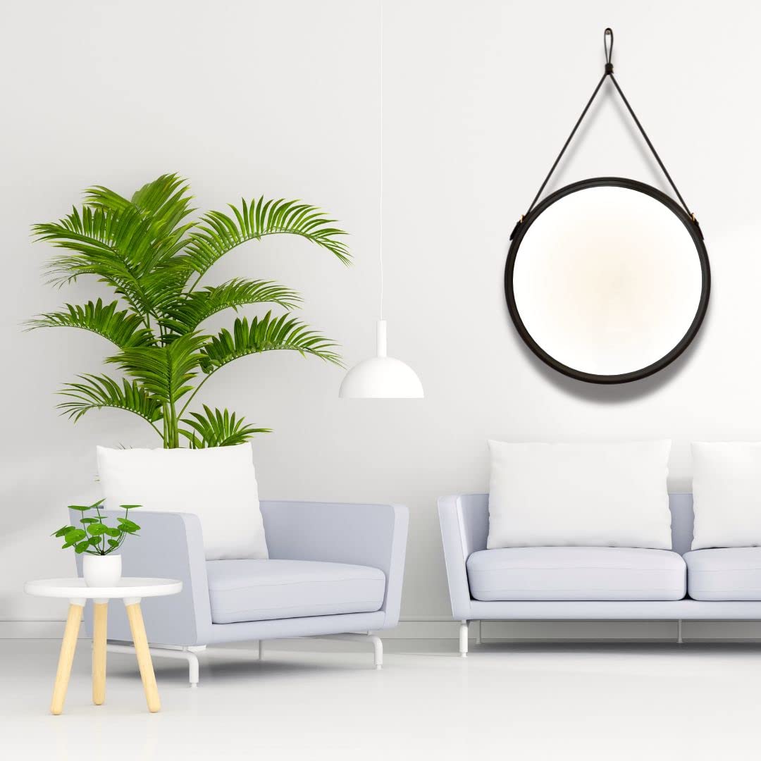 CasaGold 24 Inch Black Round Decorative Genuine Leather Hanging Mirror with Belt | Adjustable Leather Strap & Matching Wall Hook | Modern, Sophisticated Aesthetic Mirror for Home Wall Decor