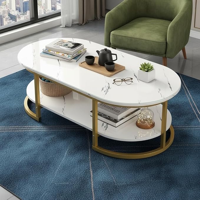 RIZIK STORE® Coffee Table – Modern 2-Tier Center Table with Engineered Wooden Top & Gold Metal Frame, Stylish Living Room Sofa Table, Elegant Cocktail Table for Home, Office, Dining (White)