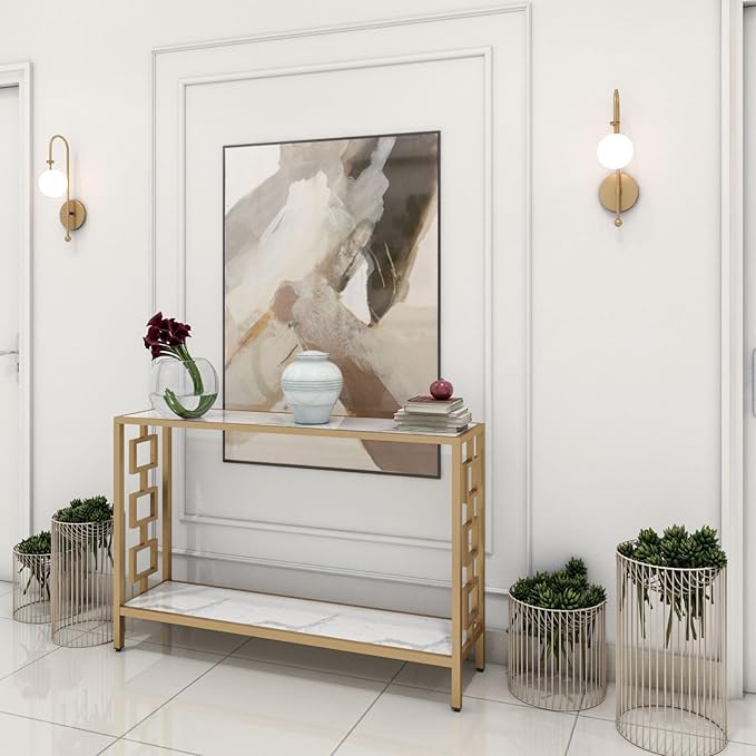 RIZIK STORE™ Iron Metal with Engineered Wooden top Console Table/end Table for Entry Way Behind Sofa, Living Room, Dining Room, Office, Home Decor Gold and White Marble Look (White Gold)