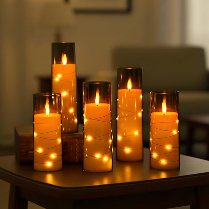 Amazon Basics LED Flameless Candles with String Light Effect Set of 5 (2 Pcs of 5.5x14 cm , 5.5x16, 5.5x18cm, 5.5x20 CM), Grey Acrylic material, Ivory Pillars, Steady Warm Light, Remote & Timer, Battery Operated Indoor Decor