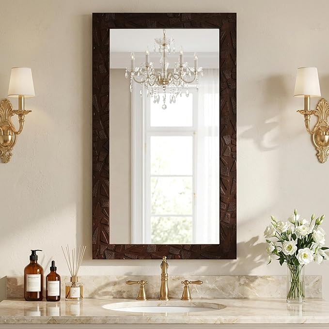 Amazon Basics Synthetic Framed Exquisite Rectangular Wall Mirror | Versatile Usage for Living Rooms, Bedrooms| Standard Trim (Brown) | 15 Inch X 39 Inch