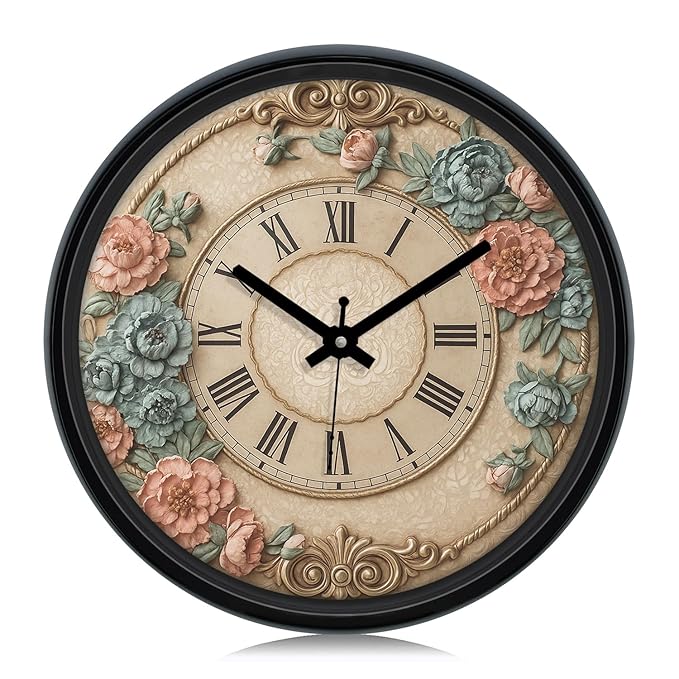 Amazon Brand - Solimo 12-inch Plastic & Glass Analog Wall Clock - Victorian Bliss(Silent Movement), Black