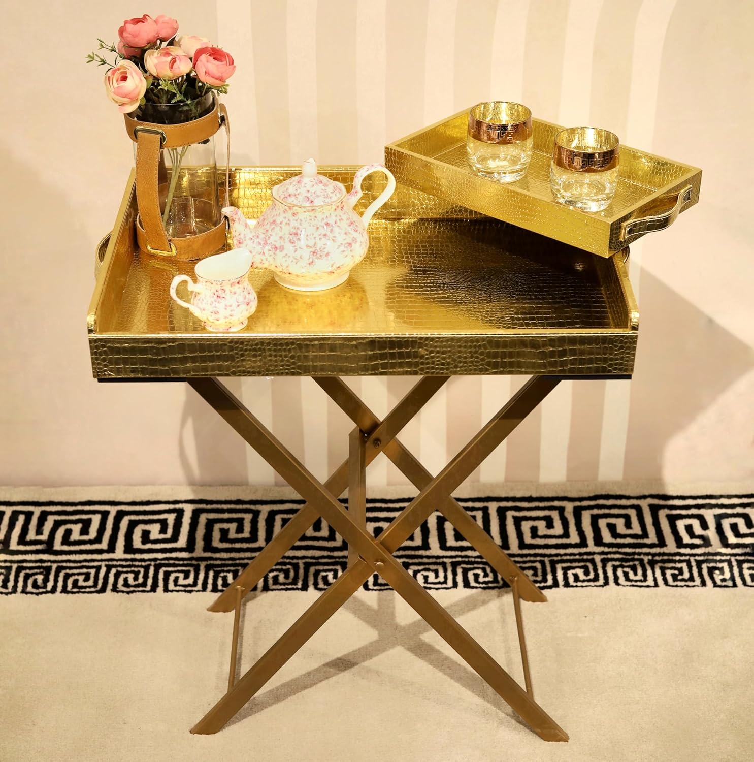 CasaGold: Foldable Leather Table with Metal Stand & Serving Removable Rectangle Leather Top with Handles, Ideal for Serving and Entertaining (Gold)