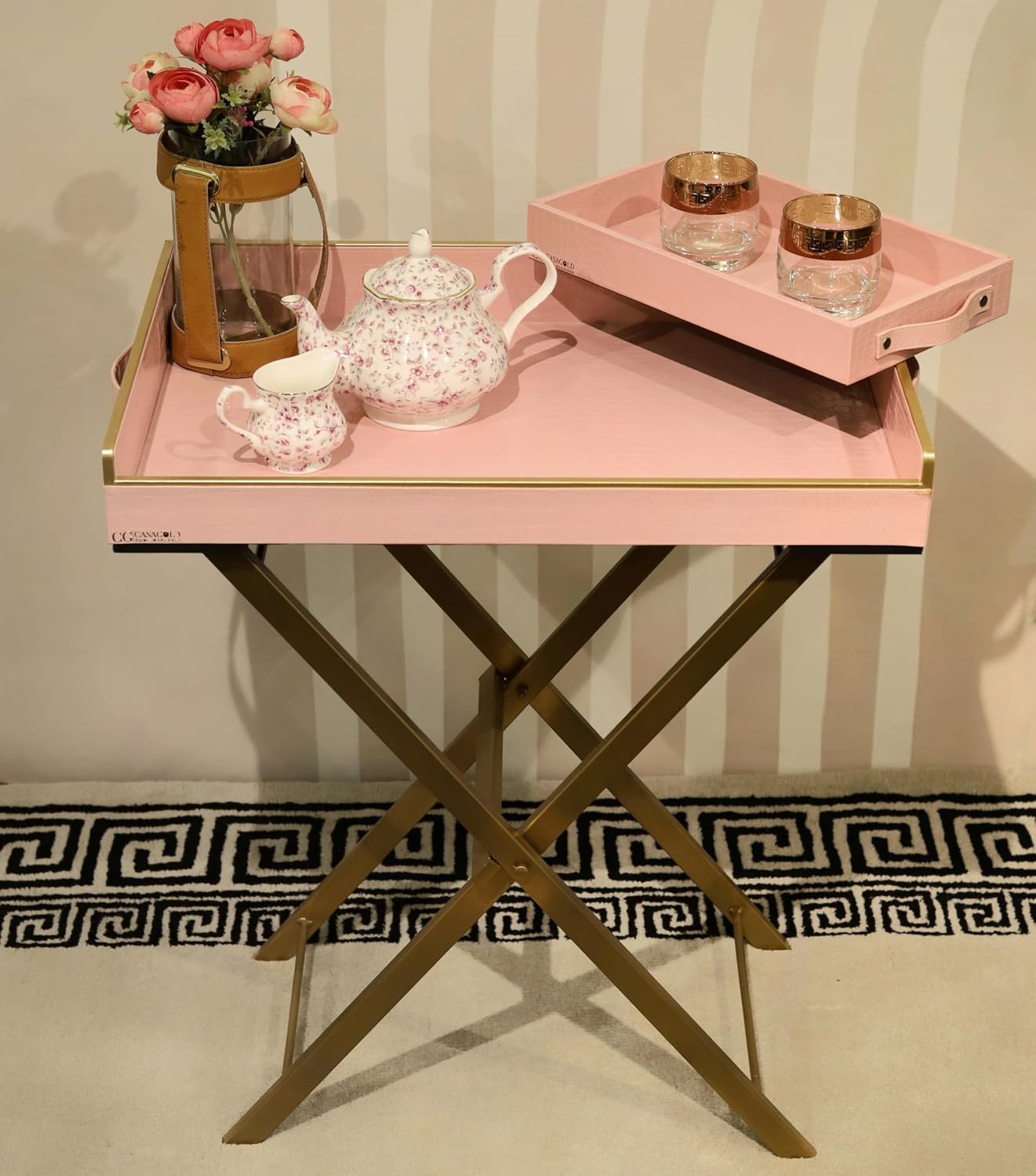 CasaGold: Foldable Leather Tray Table with Metal Stand & Serving Tray/Butler Tray, Removable Rectangle Leather Tray Top with Handles, Ideal for Serving and Entertaining (Pink)