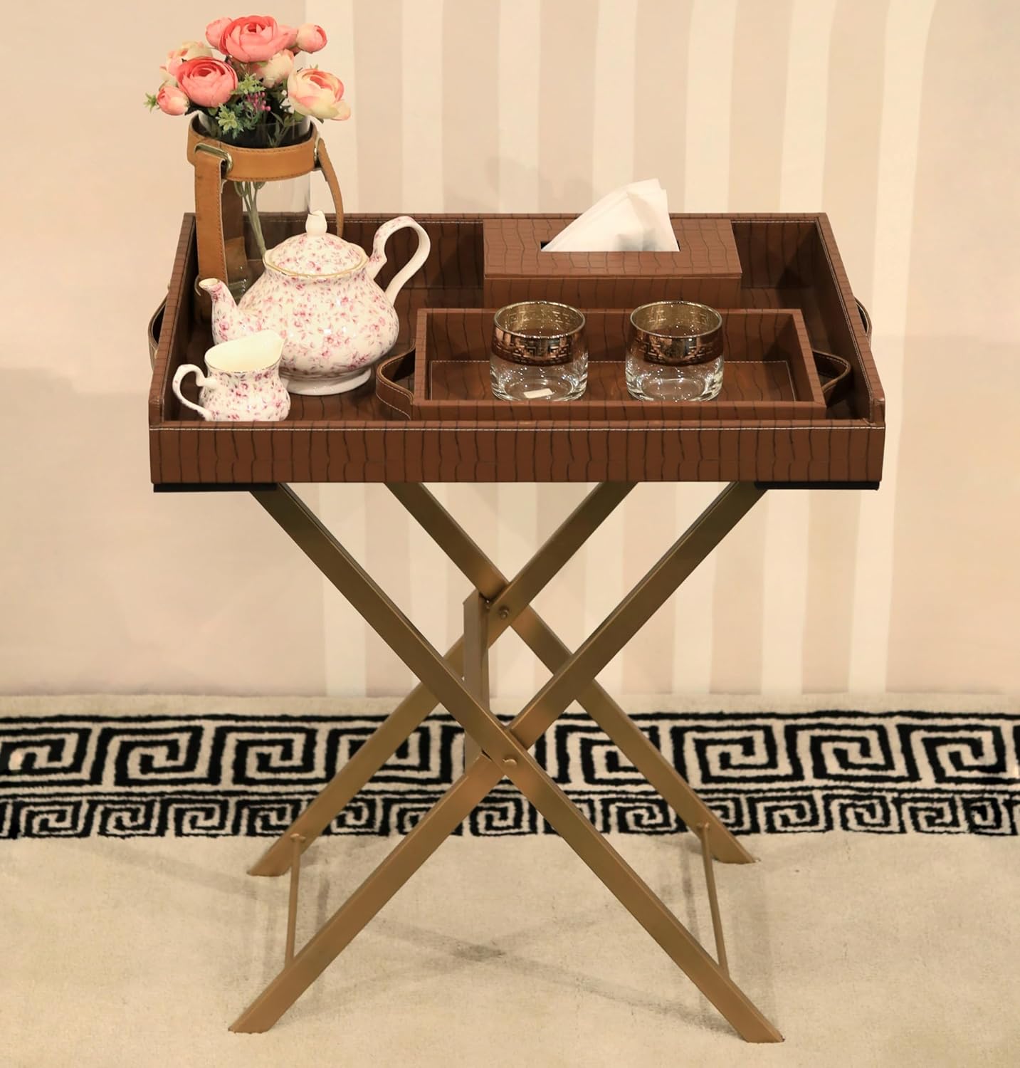CasaGold Set of 3 Leather Tray Table with Metal Stand + Serving Tray + Tissues Box | Butler Tray, Removable Rectangle Leather Tray Top with Handles | Ideal for Serving and Entertaining (Brown Croco)