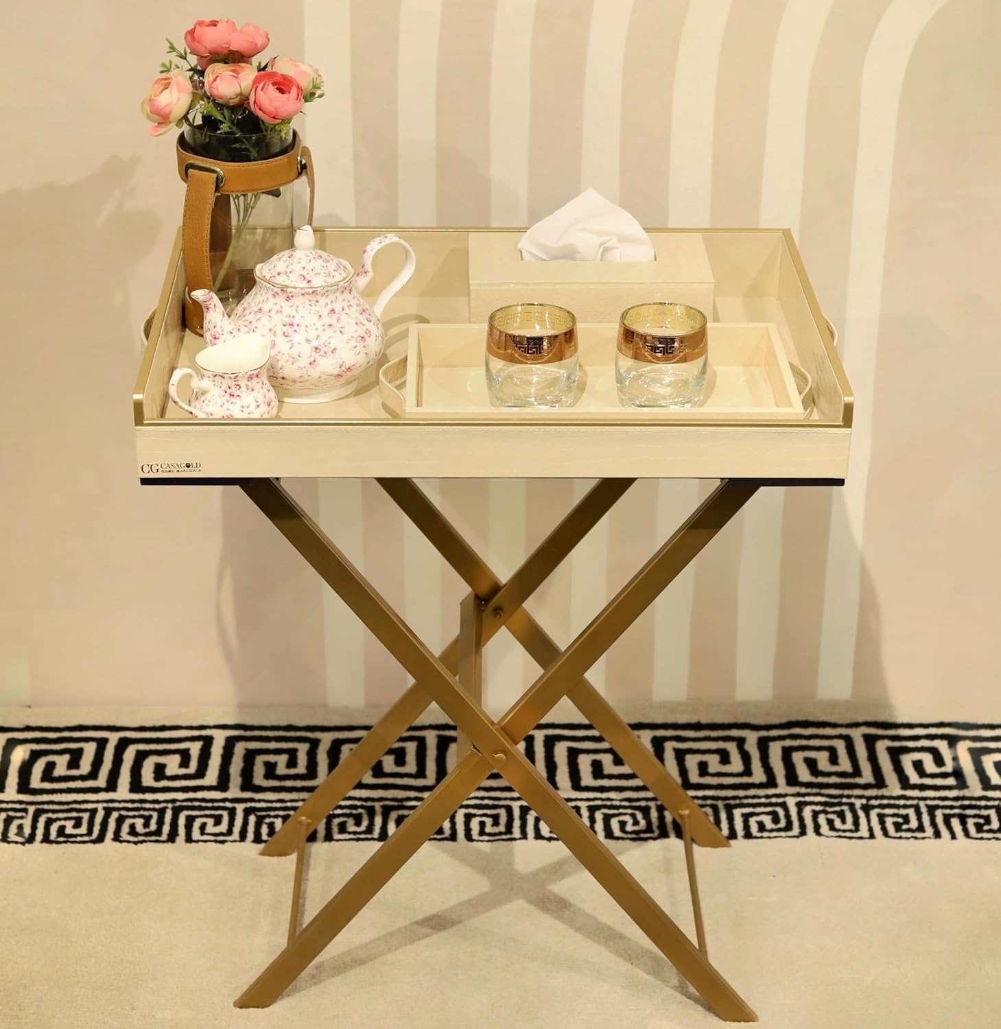 CasaGold Set of 3 Leather Tray Table with Metal Stand + Serving Tray + Tissues Box | Butler Tray, Removable Rectangle Leather Tray Top with Handles | Ideal for Serving and Entertaining (Cream)