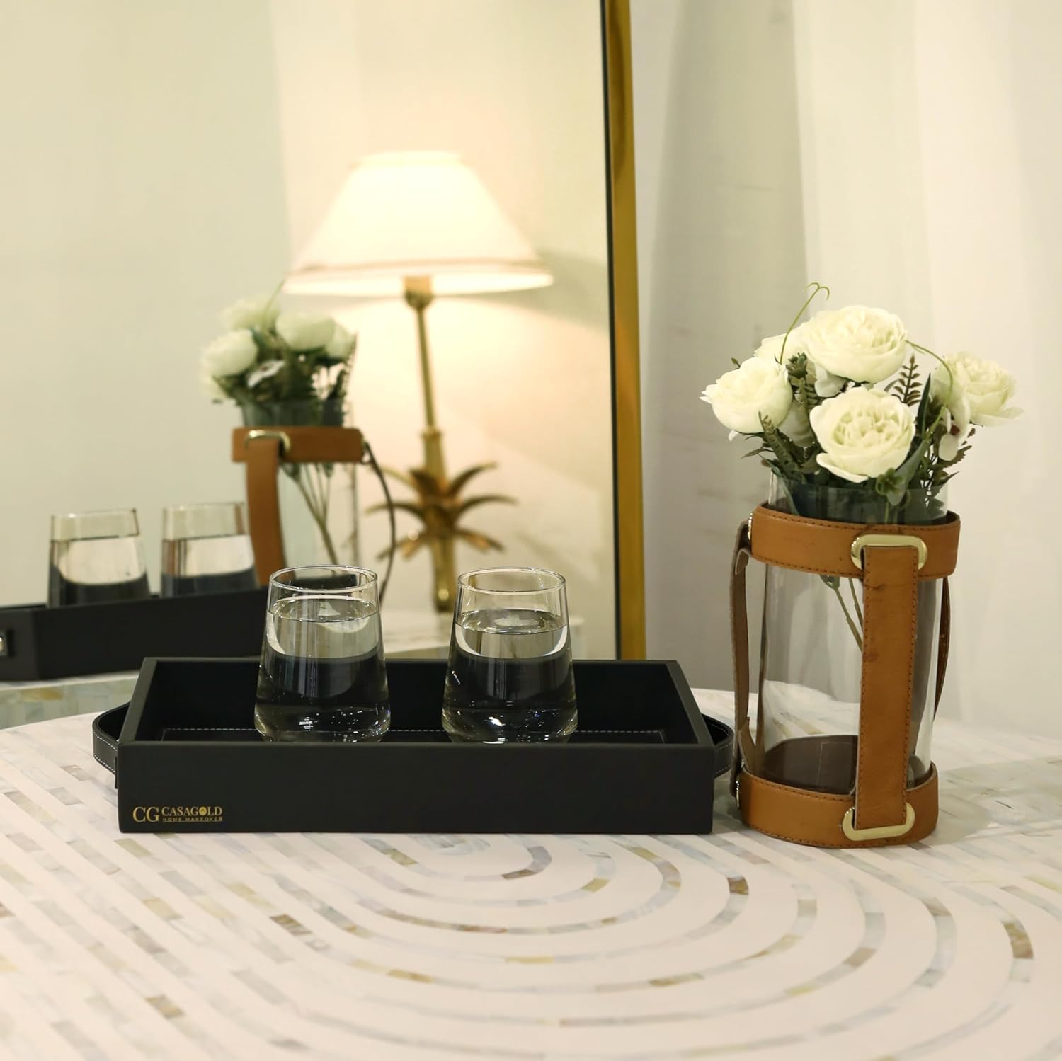 CasaGold Black Premium Leather Serving Tray with Handles