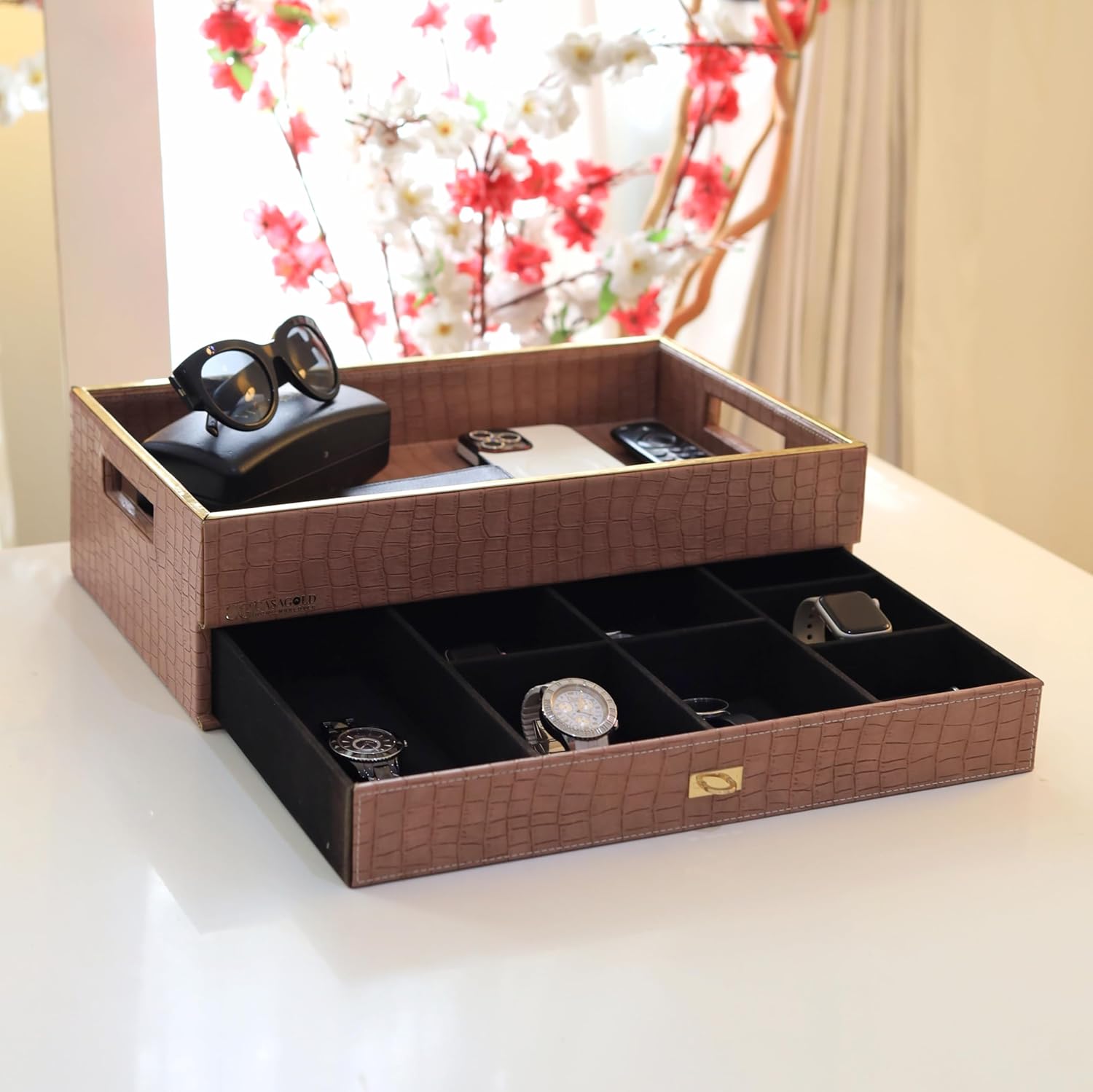 CasaGold Leather Storage Tray for Office Hotel or Home, A Serving Tray with Drawer and Storage Space for Tea Bags/Coffee/Cosmetics/Jwellery/Mobile - Light Brown