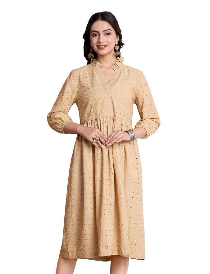Amazon Brand - Myx Women's Schiffli Embroidery Ethnic Dress | Fit and Flare | Knee Length (Available in Plus Sizes)