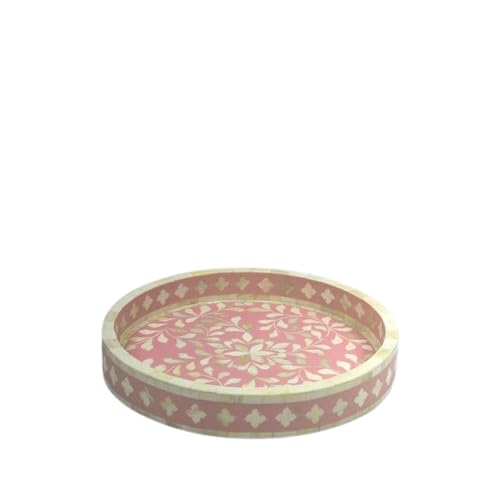 CasaGold Handcrafted Round Pink Serving Tray - Ottoman Bone Inlay Floral Pattern/Decorative Tray