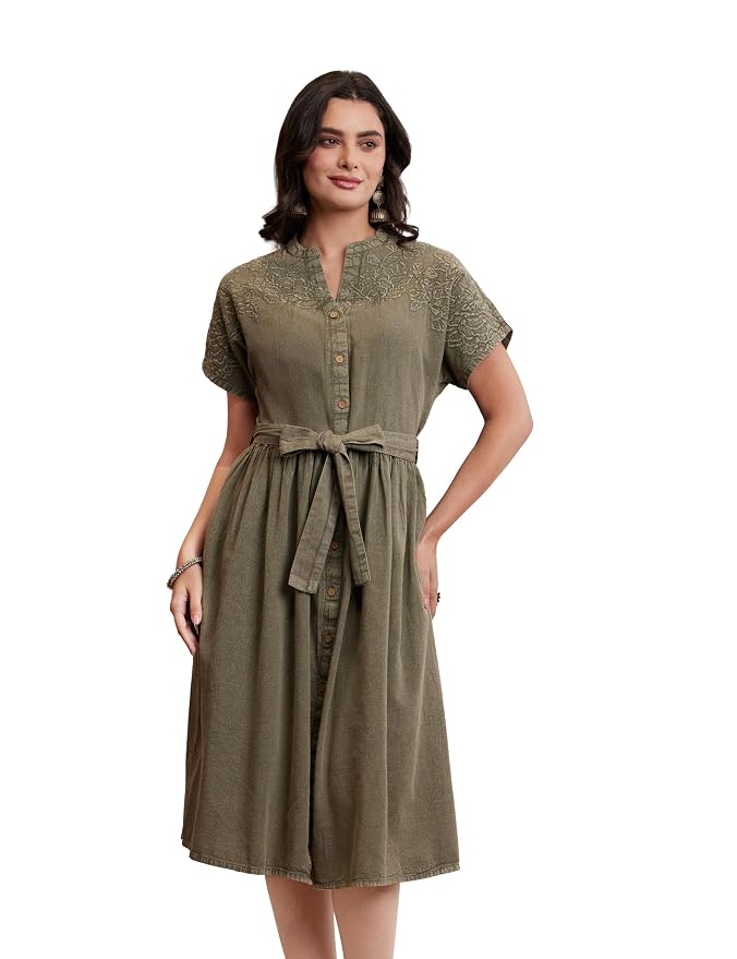 Amazon Brand - Myx Women's Embroidered Shirt Dress | Cotton Blend | Below The Knee (Available in Plus Sizes)