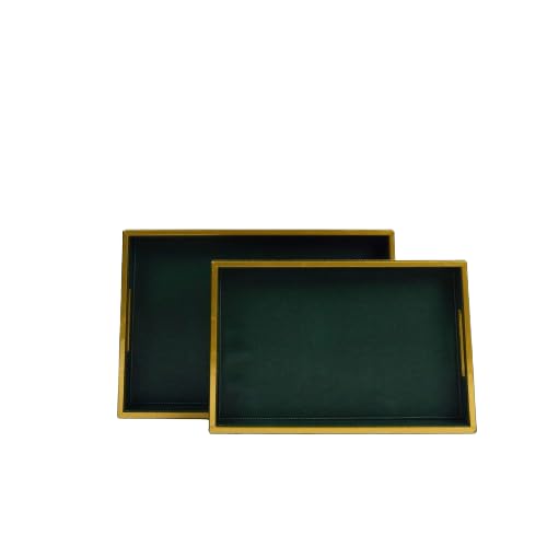 CasaGold Leather Rectangular Tray Set - 2 I Green & Gold Tray I Decoration Dining Table, Parties, Storage, Utensils, Home décor I Kitchen Desk Organizer Accessories | Ideal for Home & Office Decor