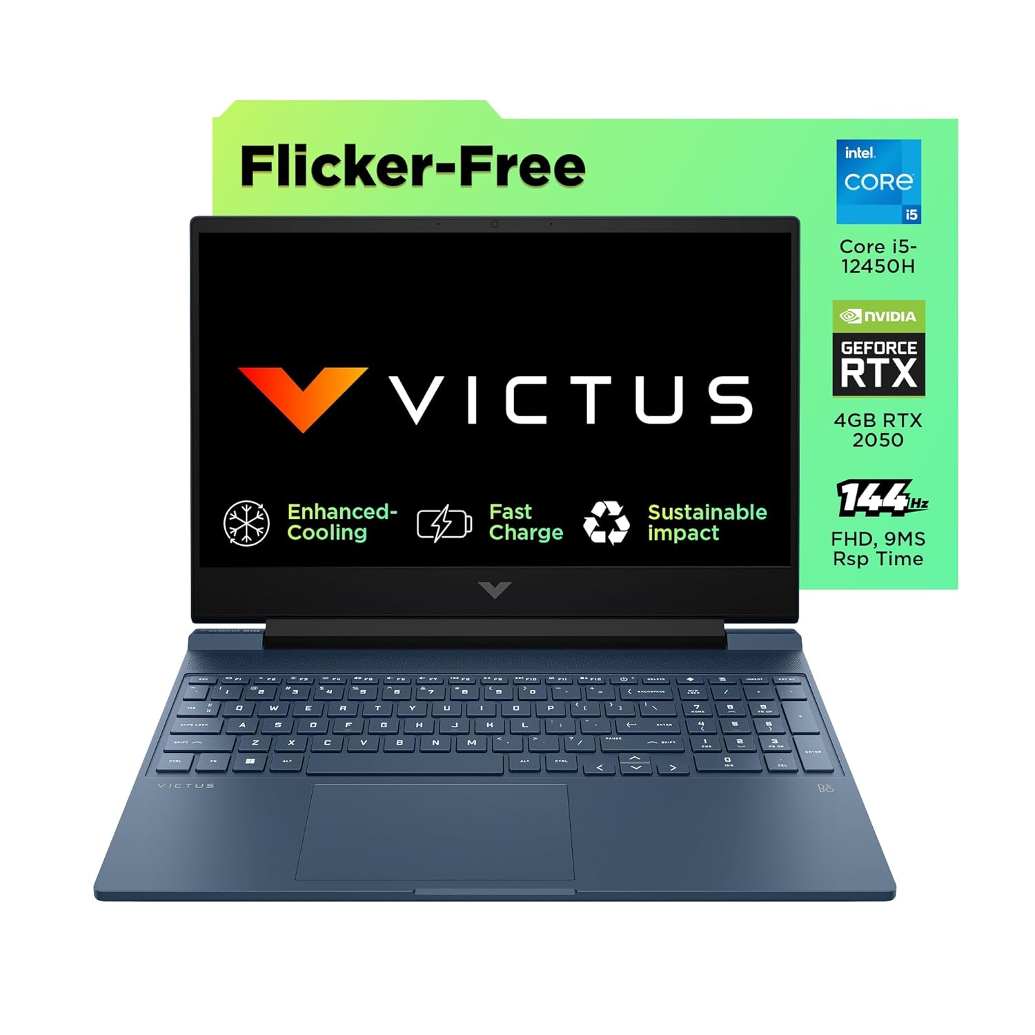 HP Victus, 12th Gen Intel Core i5-12450H, 4GB NVIDIA GeForce RTX 2050 Gaming Laptop (8GB RAM, 512GB SSD), 144Hz, IPS, 15.6"/39.6cm, Win 11, Office 2021, Blue, 2.3Kg, Enhanced Cooling, fa1310TX
