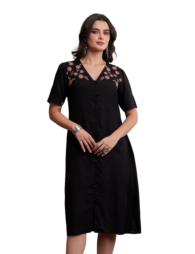 Amazon Brand - Myx Women's Embroidered Shirt Dress | Below The Knee (Available in Plus Sizes)
