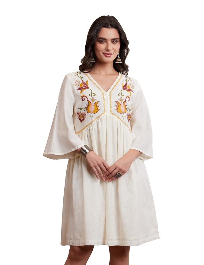 Amazon Brand - Myx Women's Cotton Embroidered Dress | A-Line | Knee-Length | Casual Summer Outfit (Available in Plus Sizes)
