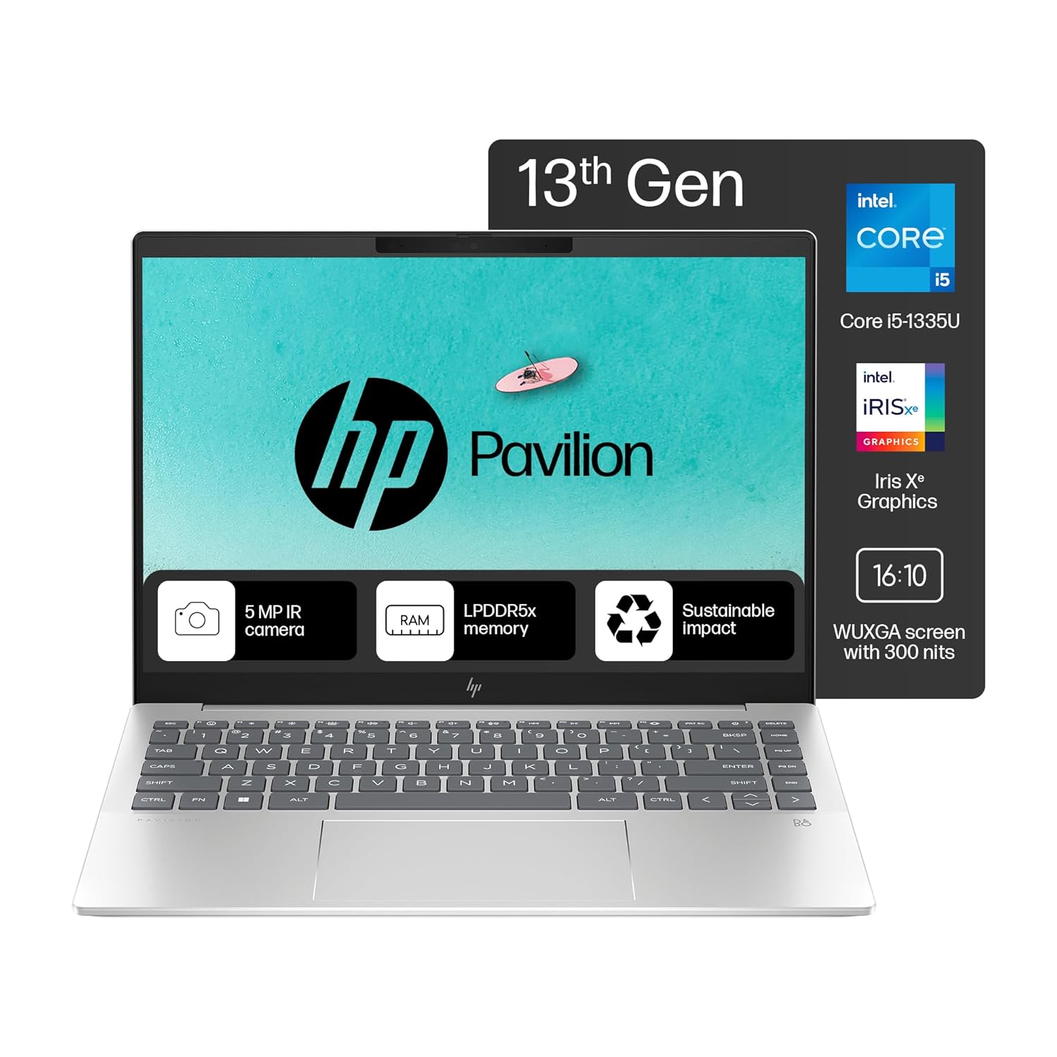 HP Pavilion Plus, 13th Gen Intel Core i5-1335U Laptop (16GB DDR5, 512GB SSD) IPS WUXGA Anti-Glare, 14"/35.6cm, Win 11, MS Office, Silver, 1.44kg, Intel Iris Xe Graphics, 5MP IR Camera, ew0116TU/0107tu