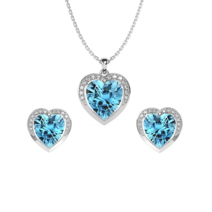 Clara 925 Silver Sky Blue Heart Pendant Earring Chain Bracelet Ring Women | Gift for Women & Girls | Platinum Plated | Swiss Zirconia | Jewellery Set