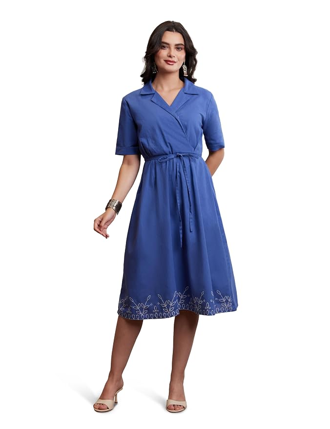 Amazon Brand - Myx Women's Cotton Embroidered Shirt Dress | Below The Knee (Available in Plus Sizes)