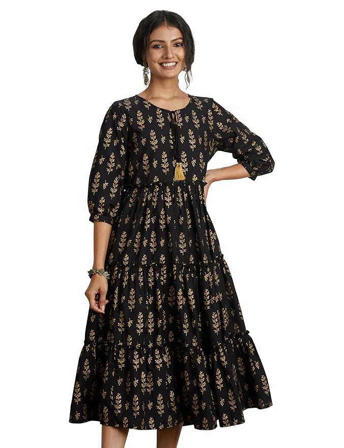 Amazon Brand - Myx Women Cotton Printed Tiered Dress (Available in Plus Sizes)