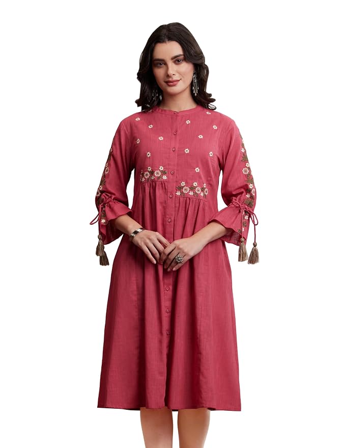 Amazon Brand - Myx Women's Cotton Embroidered Dress | Below The Knee (Available in Plus Sizes)