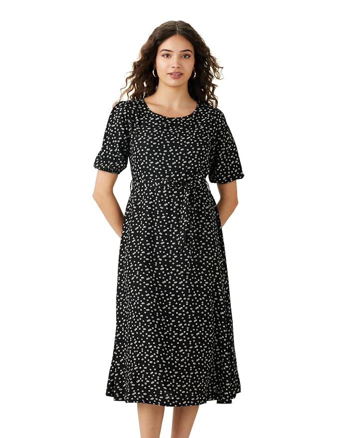 Amazon Brand - Symbol Women Rayon Fit and Flare One Piece Midi Length Dress (with Self Fabric Belt) (Available in Plus Sizes)