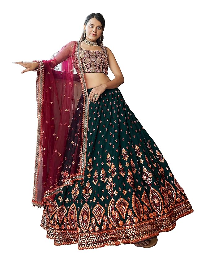 Women's Georgette Embroidered Semi-Stitched Lehenga Choli with Dupatta | Traditional, Wedding, Ethnic WearLehenga for Women and Girls (1944-Green-Wedding)