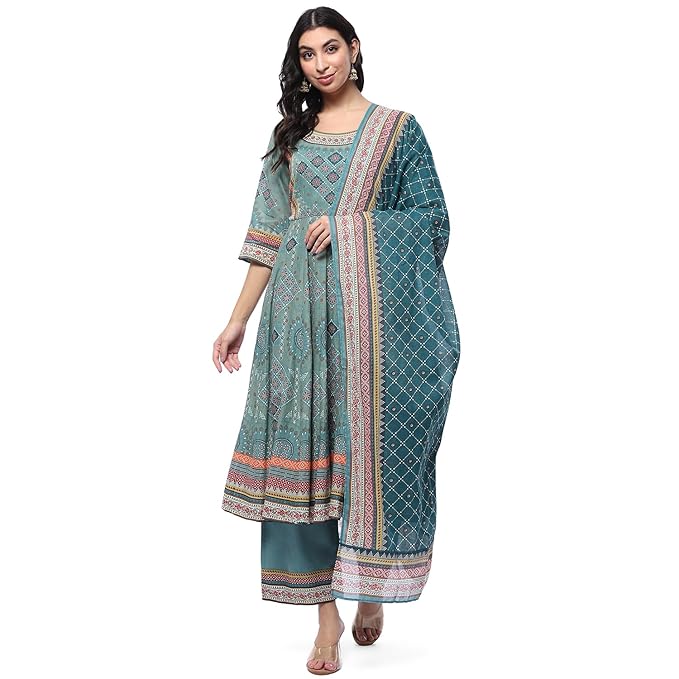 BIBA Women Ecru Cotton Anarkali Suit Set