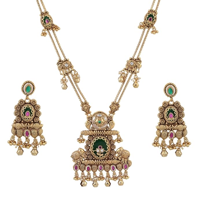 Gold Plated Temple Style Heritage jewellery Long Necklace Set with Green Enamel Motifs, Ruby Accents & Matching Earrings