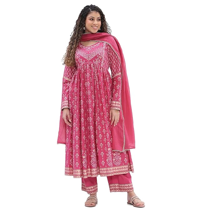 BIBA Women Cotton Gathered Printed Suit Set