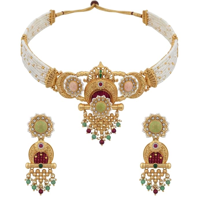 Gold Plated Heritage Pearl Choker Necklace Set with Multicolor Stones & Matching Earrings for Weddings & Festive Use