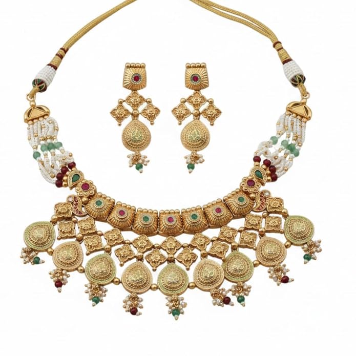 Gold Plated Heritage jewellery Kundan Pearl Necklace Set with Green & Maroon Stone Detailing and Matching Earrings for Weddings