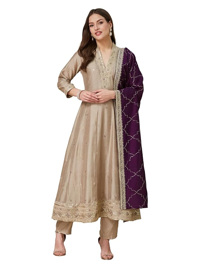 MOKOSH Women’s Silk Embroidery Anarkali Kurta Pant with Dupatta | Anarkali Kurta Set |Embroidered |V Neck Full Sleeve Ethnic Suit |3 Piece Outfit