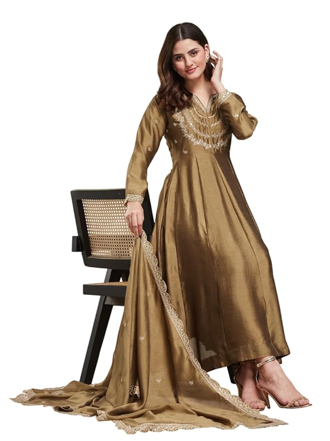 MOKOSH Women’s Silk Embroidery Anarkali Kurta Pant with Dupatta | Women's Anarkali Kurta Set | 3 Piece Ethnic Outfit with Dupatta | Round Neck Full Sleeve
