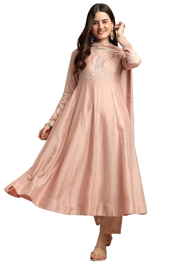 MOKOSH Women’s Silk Embroidery Anakrali Kurta Pant with Dupatta | Anarkali Kurta Set | Round Neck Full Sleeve Ethnic Suit | Floral Kurta 7 Colour Option Available | 3 Piece Outfit