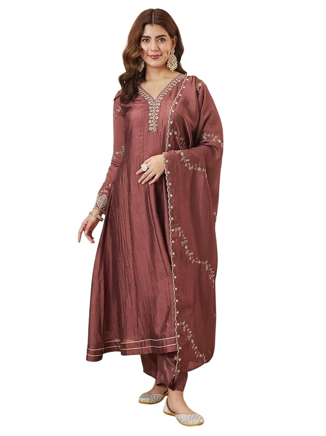 MOKOSH Women’s Silk Embroidery Anarkali Kurta Pant with Dupatta | Anarkali Kurta Set |Ethnic Kurta Set for Women |Floral Kurta 7 Colour Options Available |3 Piece Outfit