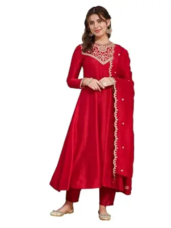 MOKOSH Women's Embroidered Silk Anarkali Kurta Pant with Dupatta | Anarkali Kurta Set | Embroidered |Occasion & Festive Traditional | 3 Piece Outfit