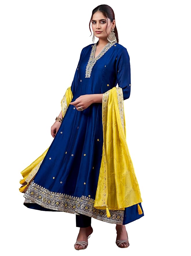 MOKOSH Women’s Silk Embroidery Anarkali Kurta Pant with Dupatta | Anarkali Kurta Set |Embroidered |V Neck Full Sleeve Ethnic Suit |3 Piece Outfit