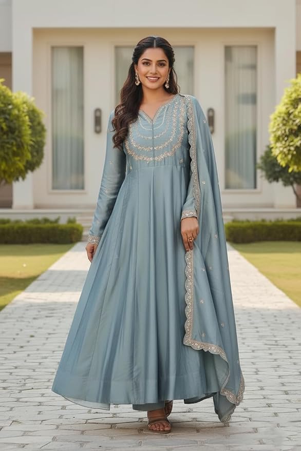 Yashika Women's Silk Blend Embroidered Anarkali Kurta Set with Dupatta | Full Length Ethnic Wear for Women | Wedding