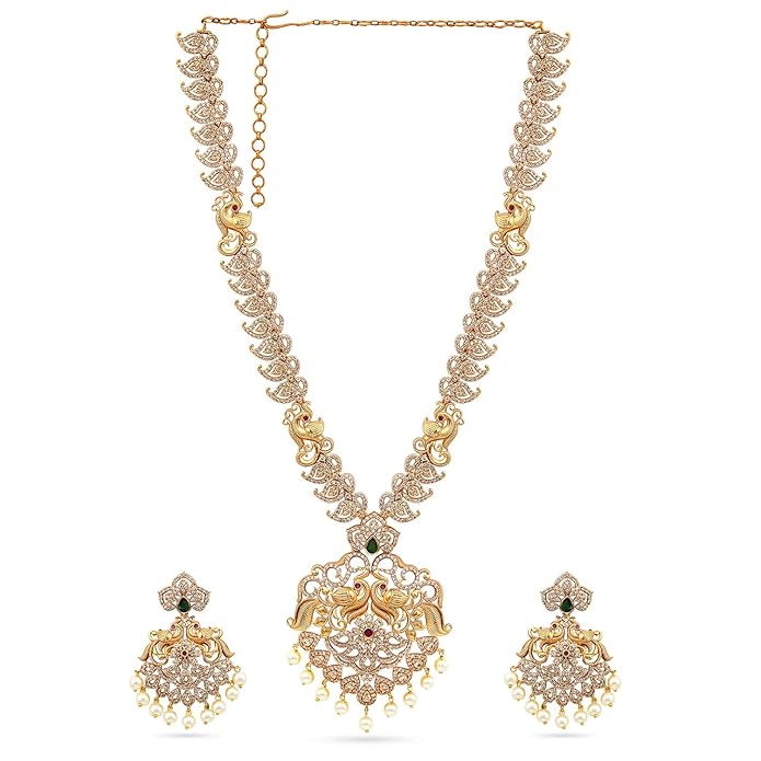 Peora Gold Plated Faux Ruby Faux Emerald & Beads Studded Bridal Necklace Earrings Set Ethnic Jewellery Gift for Women