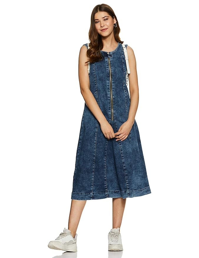 Amazon Brand - Symbol Women's A-line One Piece Midi Length Denim Dress