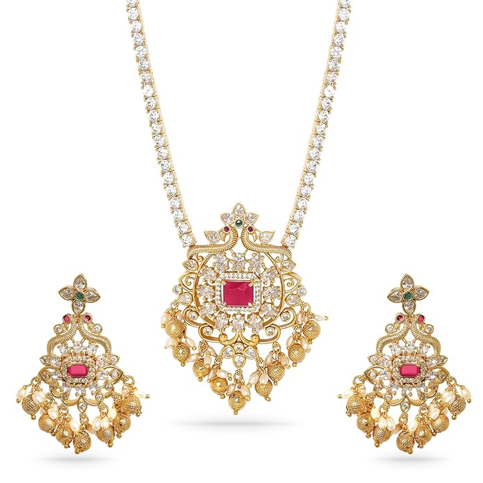 Rubans Womens 22K Gold Plated Ruby & Cubic Zirconia Studded Jewellery Set with Gold & Pearl Beads - Ideal for Weddings & Special Occasions
