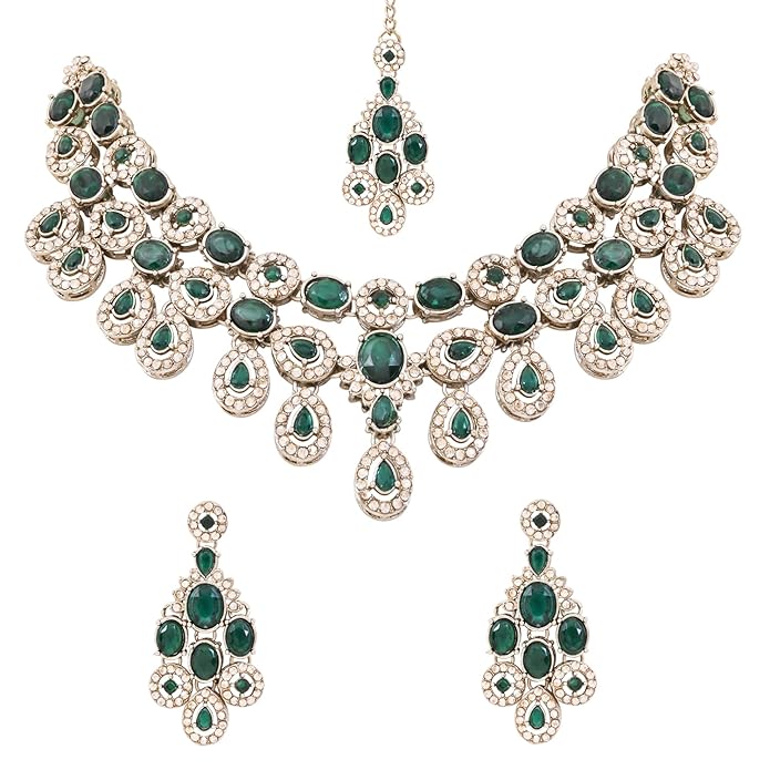 I Jewels Traditional Teardrop Design & Stone Necklace Jewellery With Earrings & Maang Tikka Set for Women (IJ414)