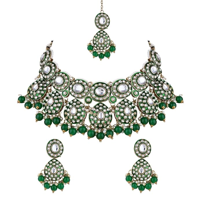 I Jewels Gold Plated Traditional Kundan & Pearl Drop Bridal Necklace With Earrings & Maang Tikka Jewellery Set For Women