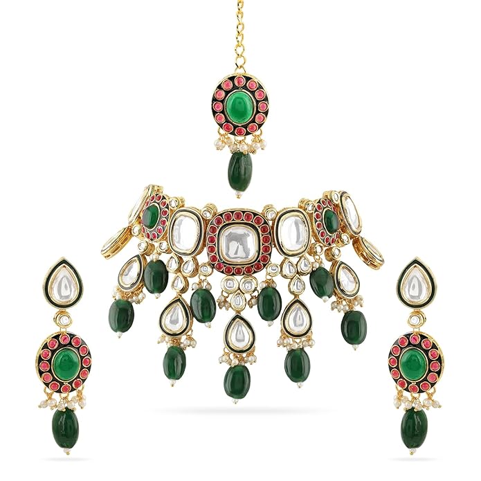 Rubans Necklace Maangtikka Set Gold Plated Kundan & Pearl Jewellery Gift for Women & Girls