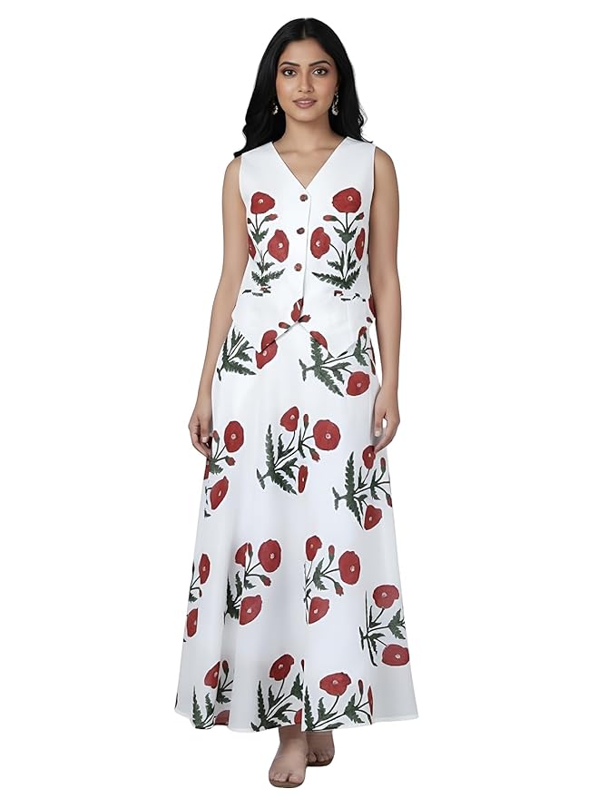 Leriya Fashion Skirt Co-ord Set | Ivory Floral Printed Sleeveless Top & Long Skirts | Summer Co Ord Set for Women Stylish | Dress for Woman | Skirt and Top for Women Stylish Western Outfits