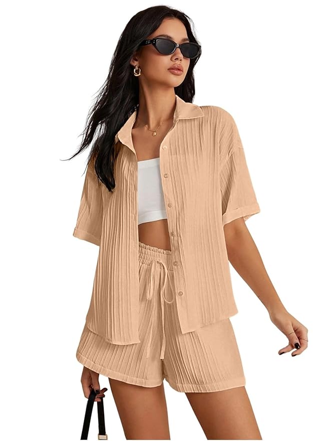 Leriya Fashion Co-ord Set for Women Stylish Solid Poly Lycra Cotton | Textured Pyjama Set For Woman Travel Beach & Holiday Look | Oversized Loose Fit Trendy Top & Shorts for Summer Day Vacation